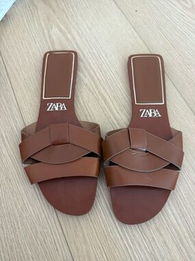 Zara Brown Woven Strap Slide Sandals